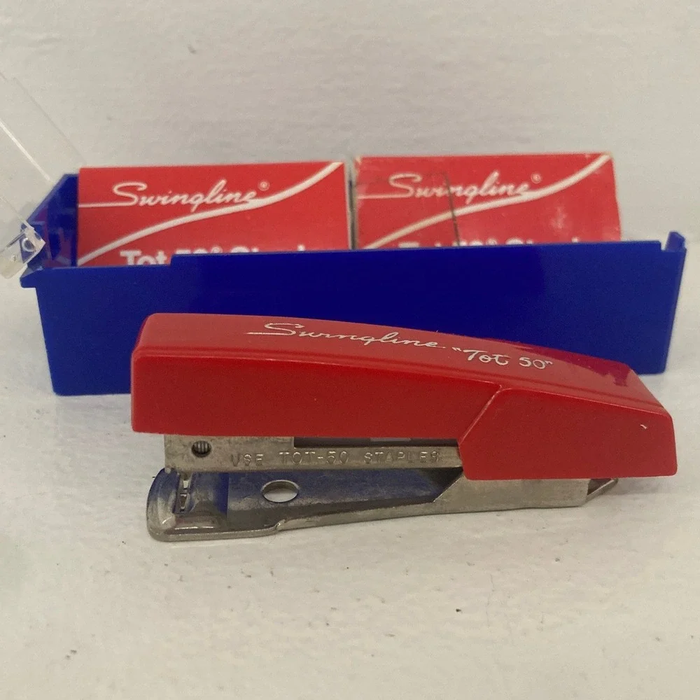 Vintage Swingline Tot 50 Red Mini Stapler Blue Case Staples Set Office Supplies